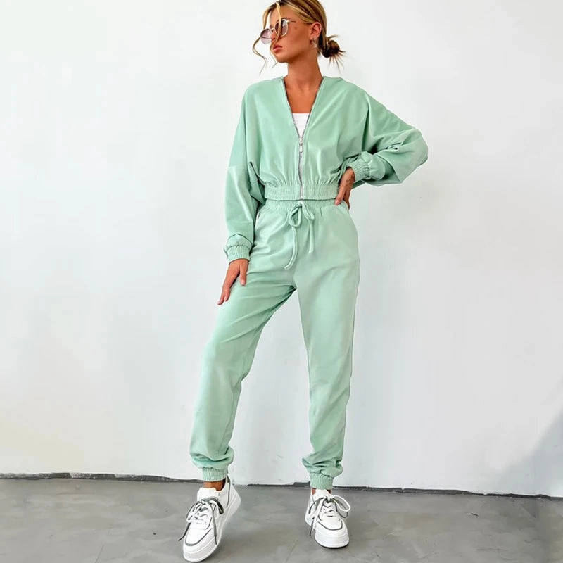 Women's Fall and Winter Zipper Hoodie and Drawstring Tracksuit Set Casual Solid Color Two-Piece Outfit