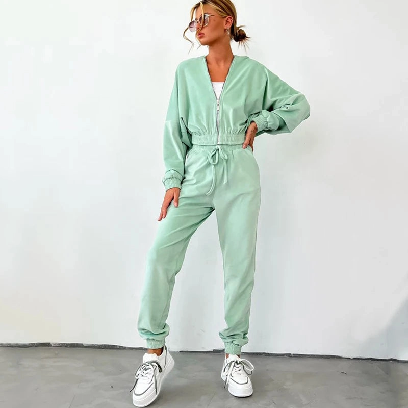 Women's Fall and Winter Zipper Hoodie and Drawstring Tracksuit Set Casual Solid Color Two-Piece Outfit
