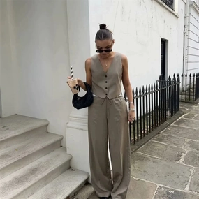 Women's Fashion Casual V-Neck Slim Fit Vest and Wide Leg Pants Set for Autumn Elegant Party Wear
