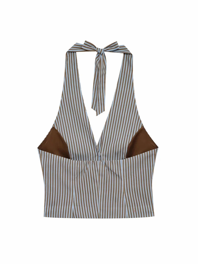 Women??s Fashion Striped Halterneck Waistcoat and Mid Waist Trousers Two Piece Set with Side Pockets for Casual and Summer Outfits