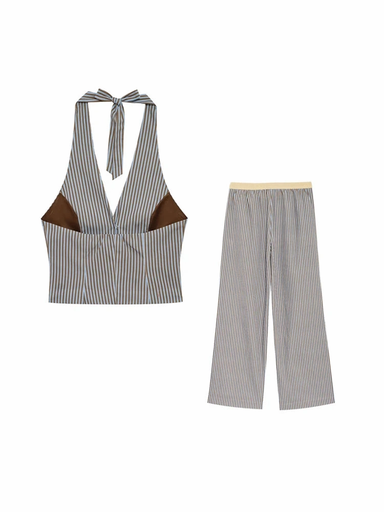 Women??s Fashion Striped Halterneck Waistcoat and Mid Waist Trousers Two Piece Set with Side Pockets for Casual and Summer Outfits