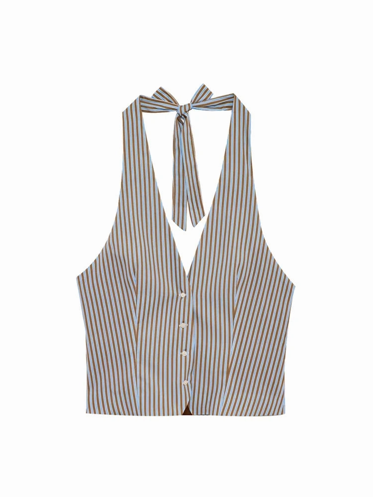 Women??s Fashion Striped Halterneck Waistcoat and Mid Waist Trousers Two Piece Set with Side Pockets for Casual and Summer Outfits