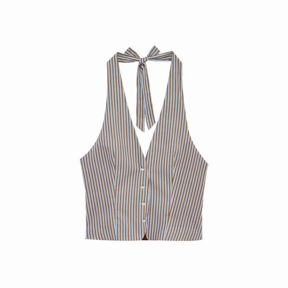 Women??s Fashion Striped Halterneck Waistcoat and Mid Waist Trousers Two Piece Set with Side Pockets for Casual and Summer Outfits