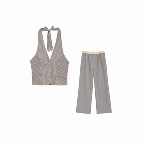 Women??s Fashion Striped Halterneck Waistcoat and Mid Waist Trousers Two Piece Set with Side Pockets for Casual and Summer Outfits
