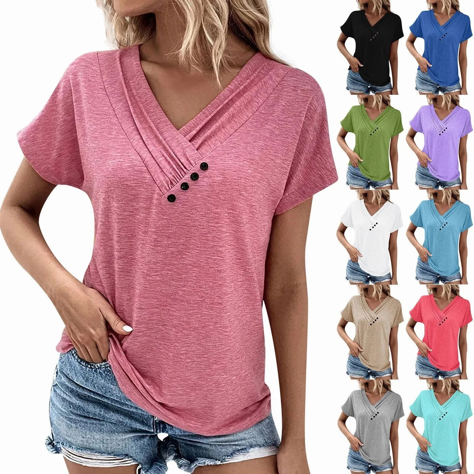 Women??s Fashion V Neck T Shirt Short Sleeve Basic Top Summer Casual Streetwear Oversized T Shirt for Women