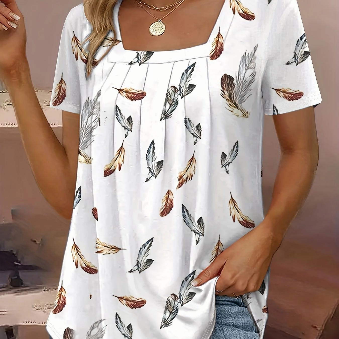 Women's Feather Print Square Neck T-Shirt for Spring & Summer