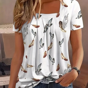 Women's Feather Print Square Neck T-Shirt for Spring & Summer