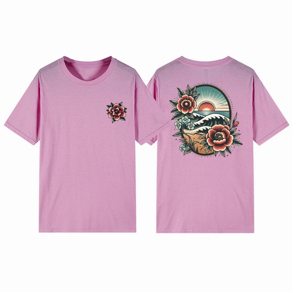 Women's Floral Beach Sunset T Shirt Short Sleeve Vacation Top for Summer Beach Lover Casual Wear