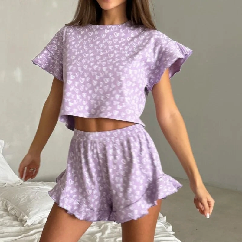 Women's Floral Print Pajamas Set Summer Casual Short Sleeve Top and Shorts Sleepwear 2 Piece Loose Round Neck Loungewear