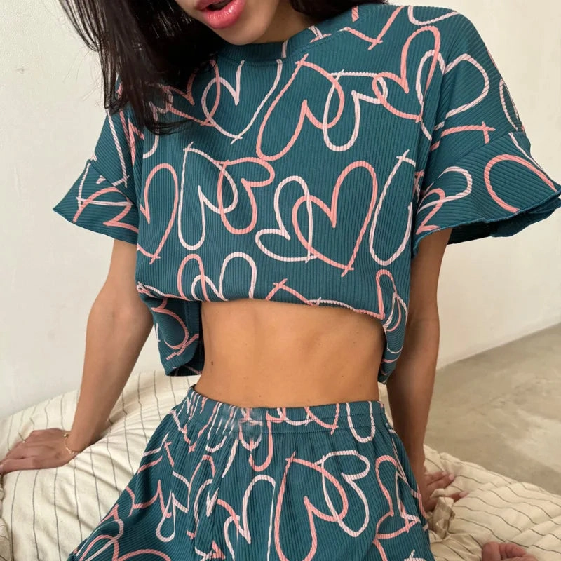 Women's Floral Print Pajamas Set Summer Casual Short Sleeve Top and Shorts Sleepwear 2 Piece Loose Round Neck Loungewear