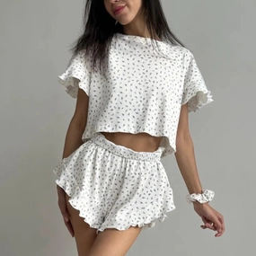 Women's Floral Print Pajamas Set Summer Casual Short Sleeve Top and Shorts Sleepwear 2 Piece Loose Round Neck Loungewear