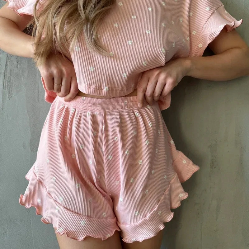 Women's Floral Print Pajamas Set Summer Casual Short Sleeve Top and Shorts Sleepwear 2 Piece Loose Round Neck Loungewear