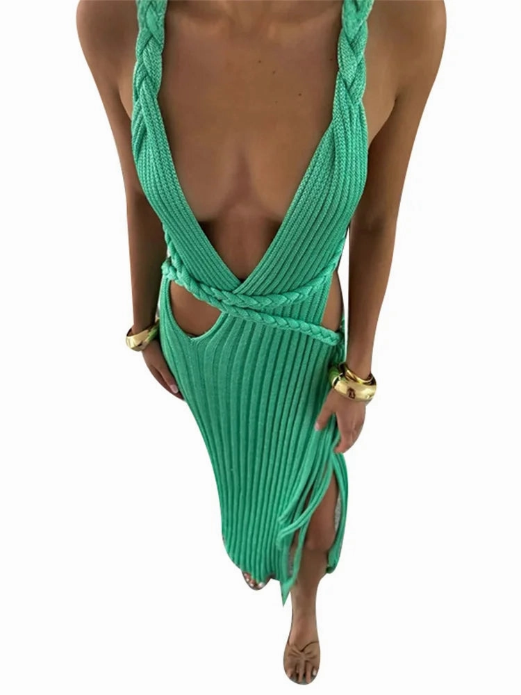 Women??s Green Knit Maxi Dress with High Slit Backless V-Neck for Summer Beach Party and Going Out