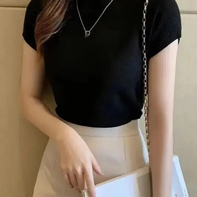 Women's Half-High Neck Casual Jumper Tops Korean Style Elegant Solid-Coloured Spring Summer Fashion