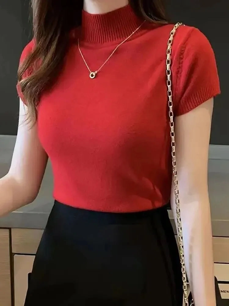 Women's Half-High Neck Casual Jumper Tops Korean Style Elegant Solid-Coloured Spring Summer Fashion