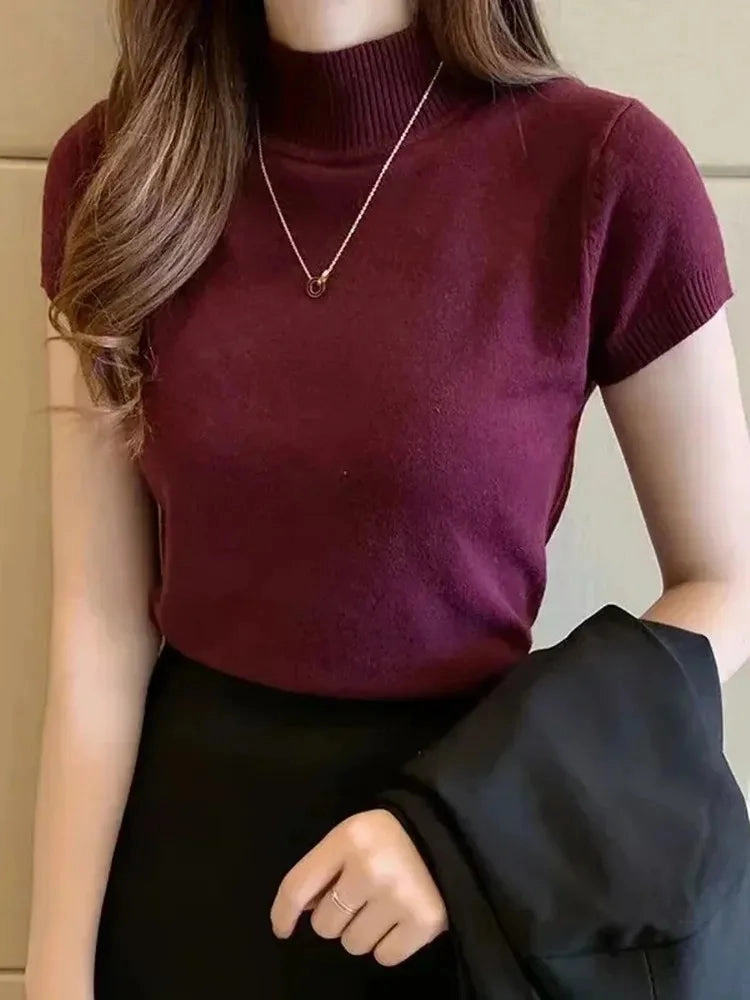 Women's Half-High Neck Casual Jumper Tops Korean Style Elegant Solid-Coloured Spring Summer Fashion
