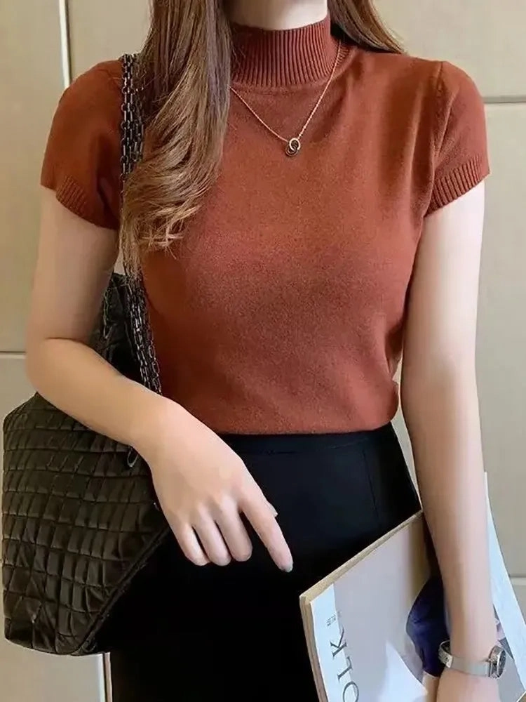 Women's Half-High Neck Casual Jumper Tops Korean Style Elegant Solid-Coloured Spring Summer Fashion