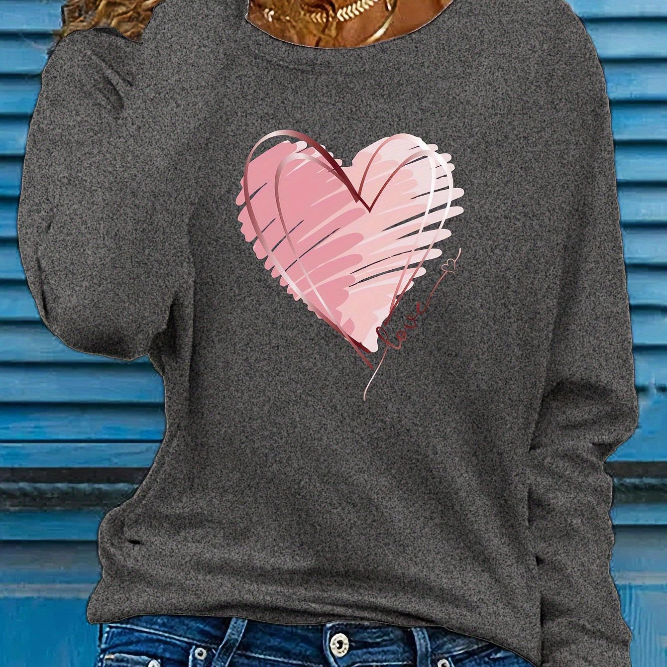 Women's Heart & Love Print Long Sleeve T-Shirt for Spring Fall