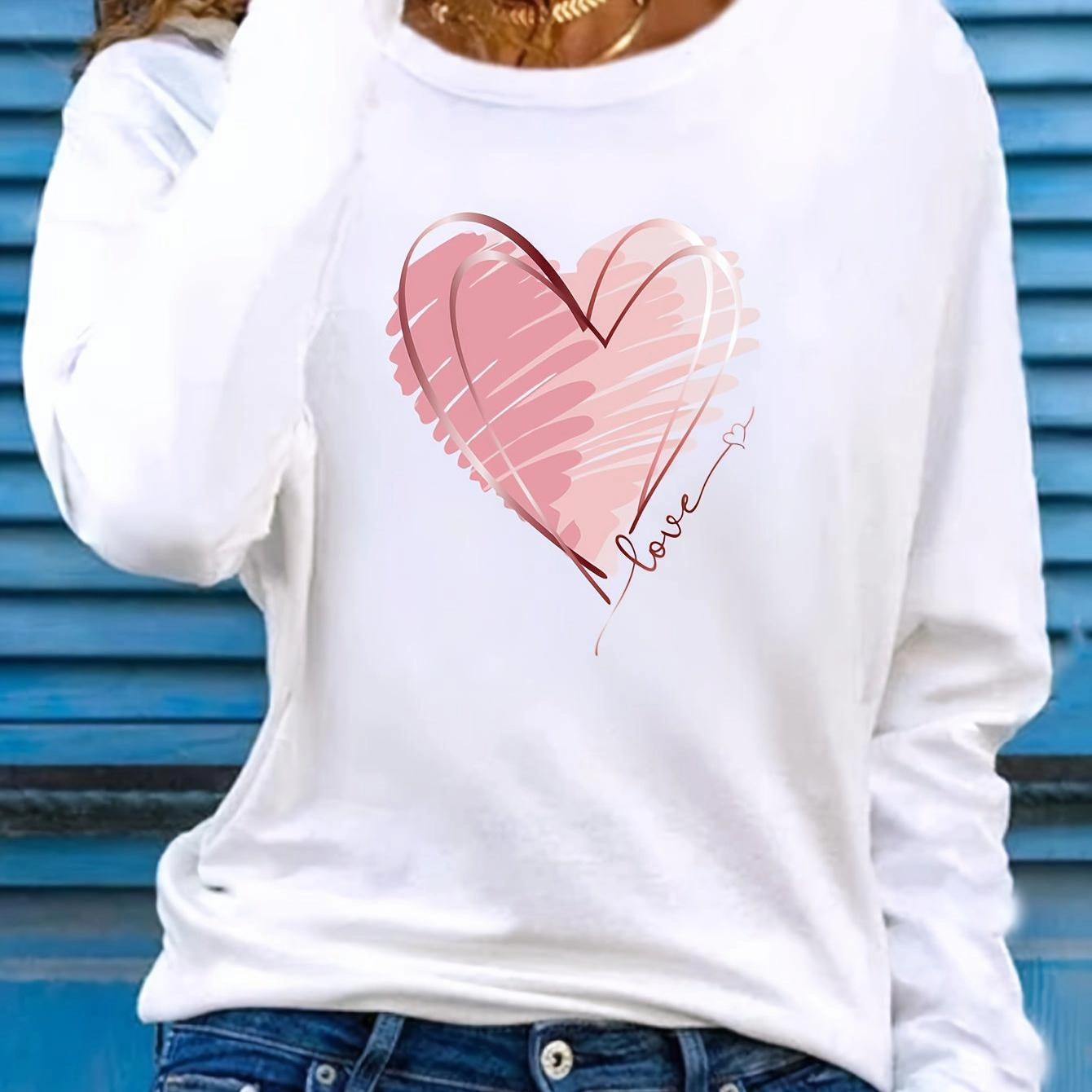 Women's Heart & Love Print Long Sleeve T-Shirt for Spring Fall