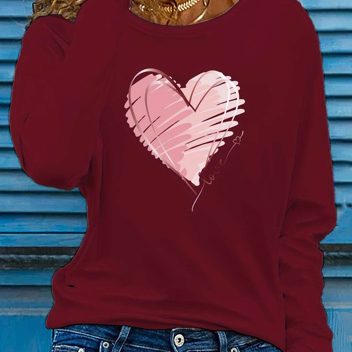 Women's Heart & Love Print Long Sleeve T-Shirt for Spring Fall