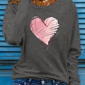 Women's Heart & Love Print Long Sleeve T-Shirt for Spring Fall