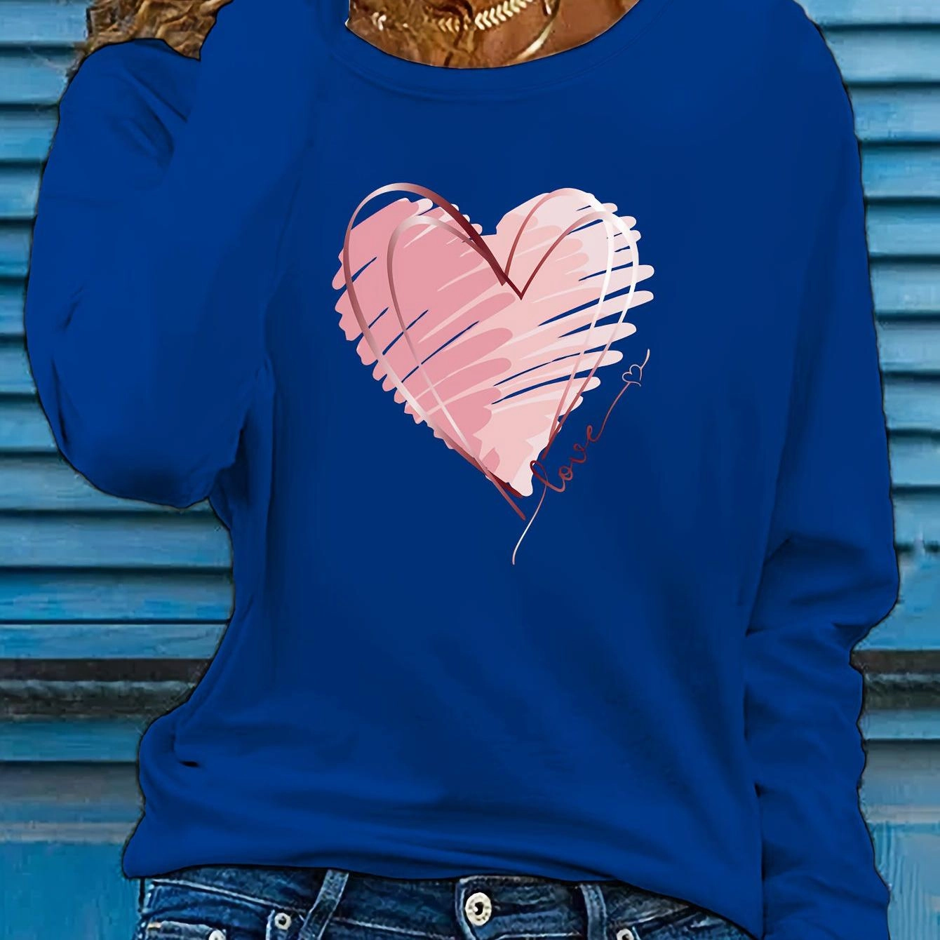Women's Heart & Love Print Long Sleeve T-Shirt for Spring Fall