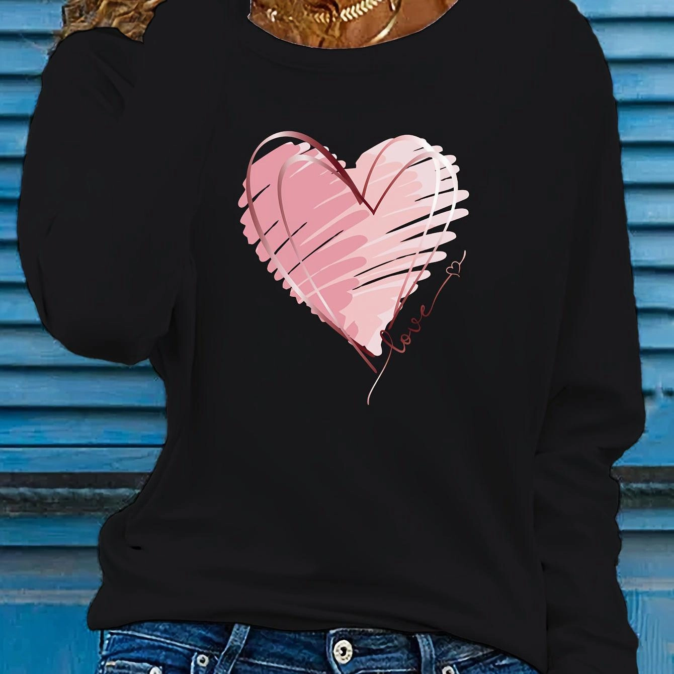 Women's Heart & Love Print Long Sleeve T-Shirt for Spring Fall