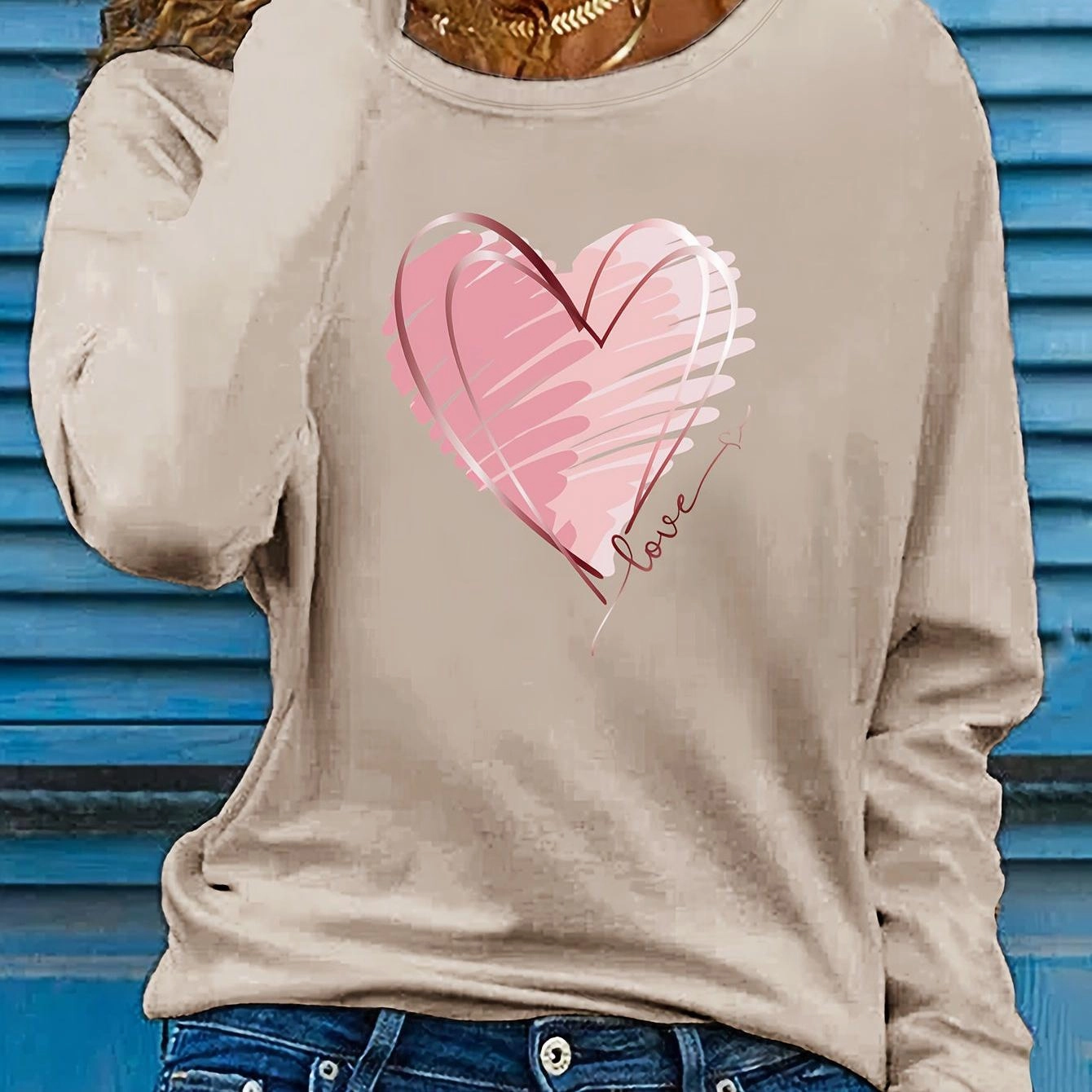 Women's Heart & Love Print Long Sleeve T-Shirt for Spring Fall