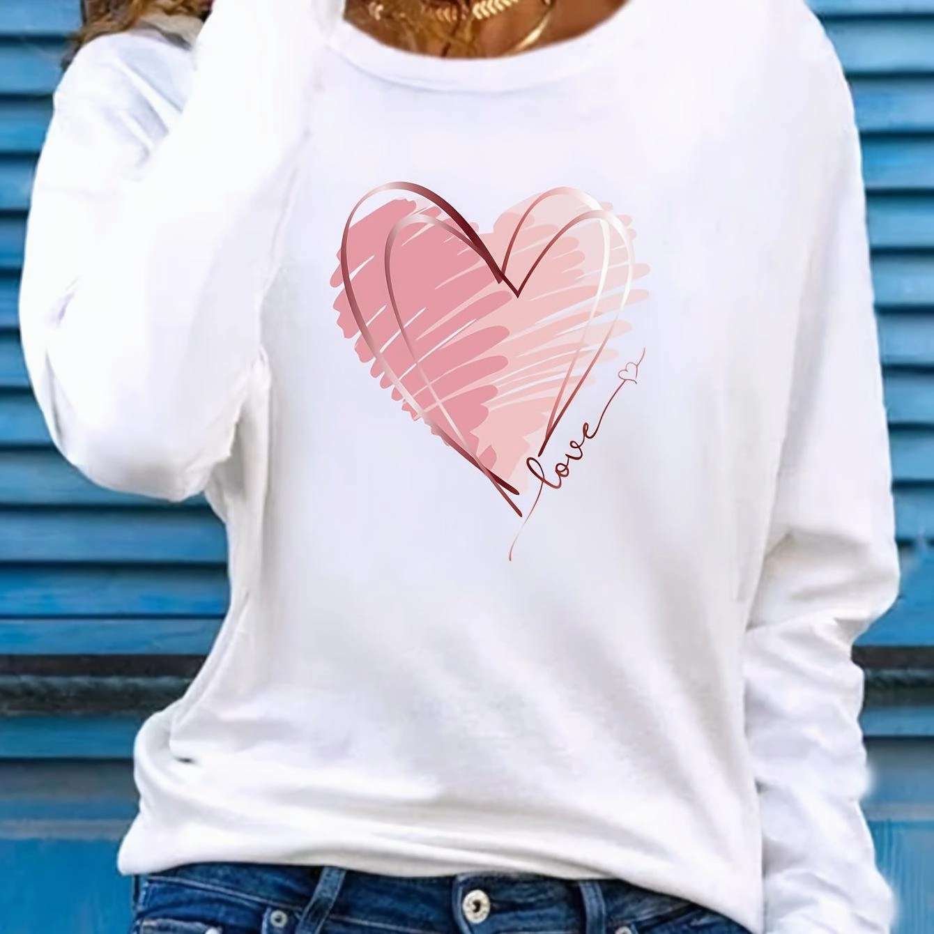 Women's Heart & Love Print Long Sleeve T-Shirt for Spring Fall
