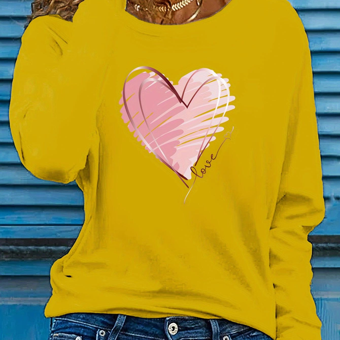 Women's Heart & Love Print Long Sleeve T-Shirt for Spring Fall