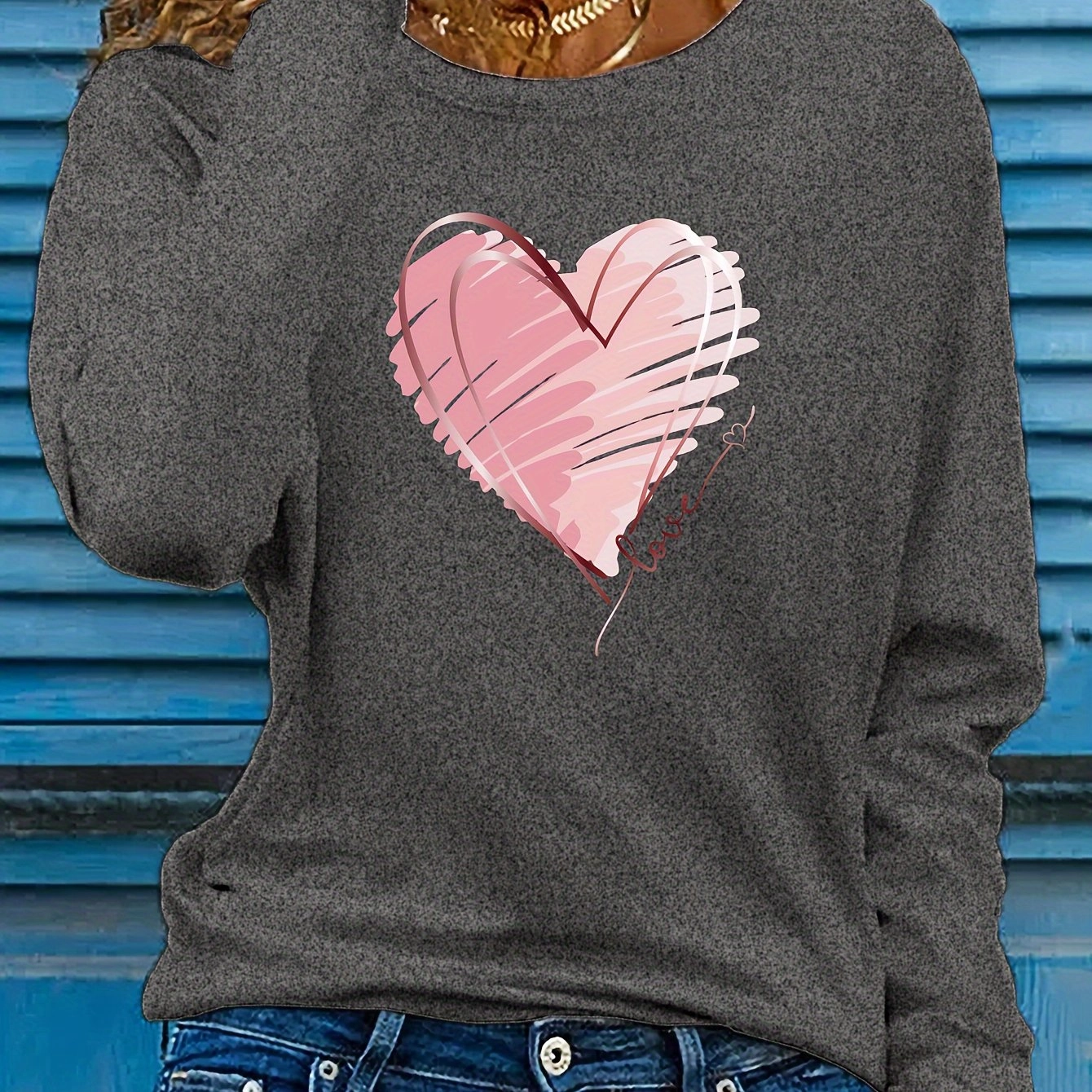 Women's Heart & Love Print Long Sleeve T-Shirt for Spring Fall