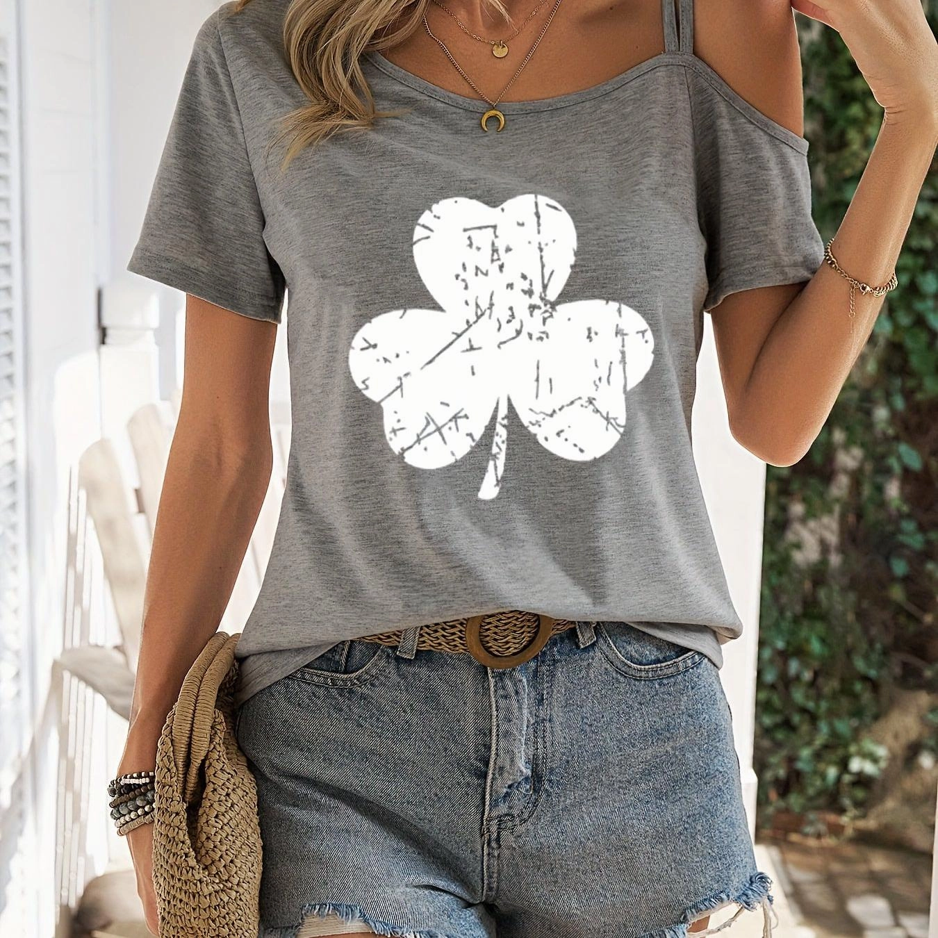Women's Heart Print One Shoulder T-Shirt - Chic Spring Top