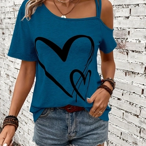 Women's Heart Print One Shoulder T-Shirt - Chic Spring Top