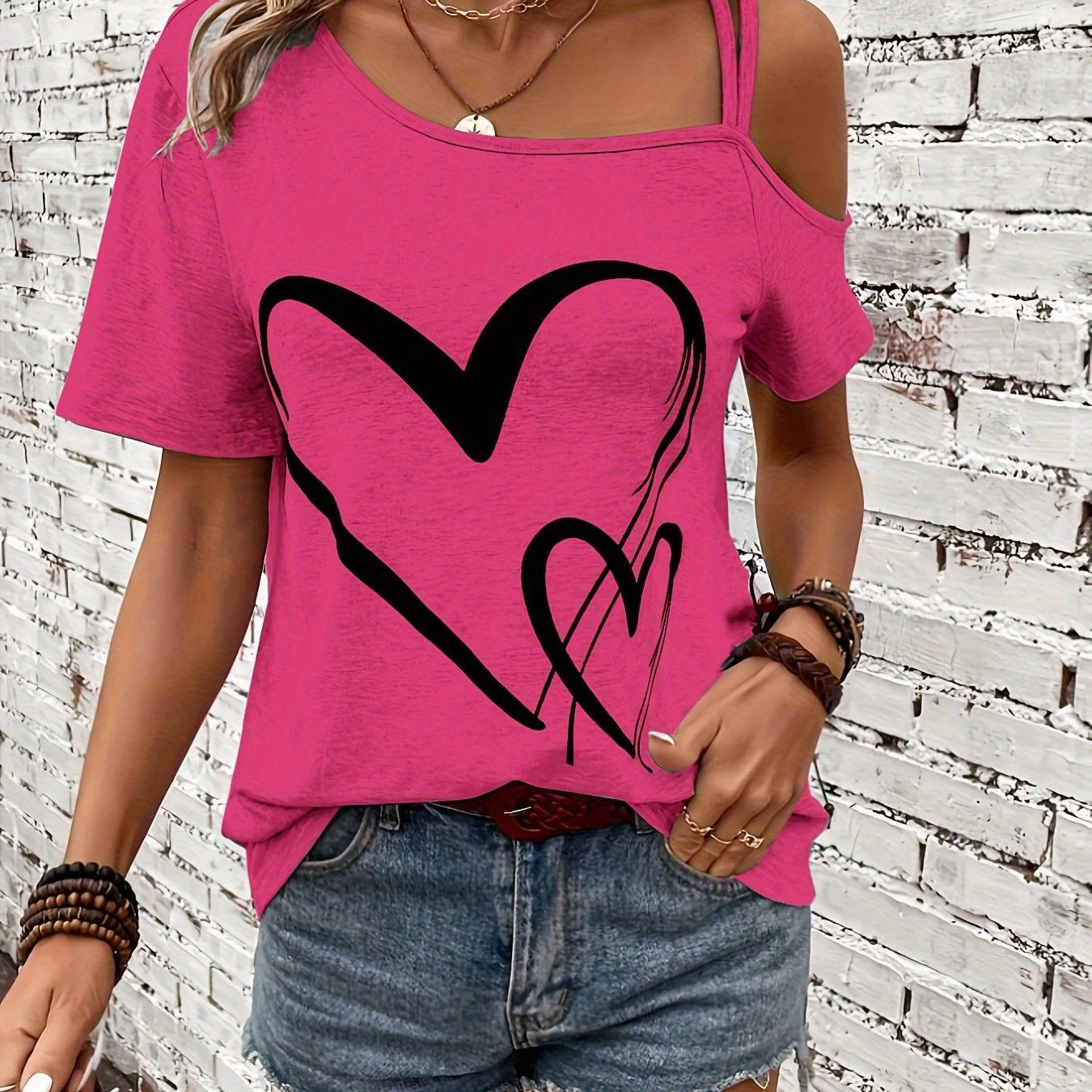 Women's Heart Print One Shoulder T-Shirt - Chic Spring Top