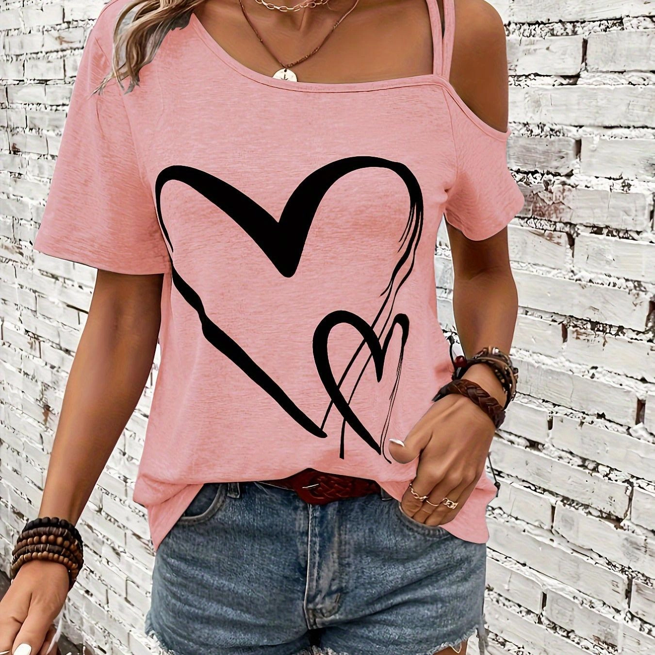 Women's Heart Print One Shoulder T-Shirt - Chic Spring Top