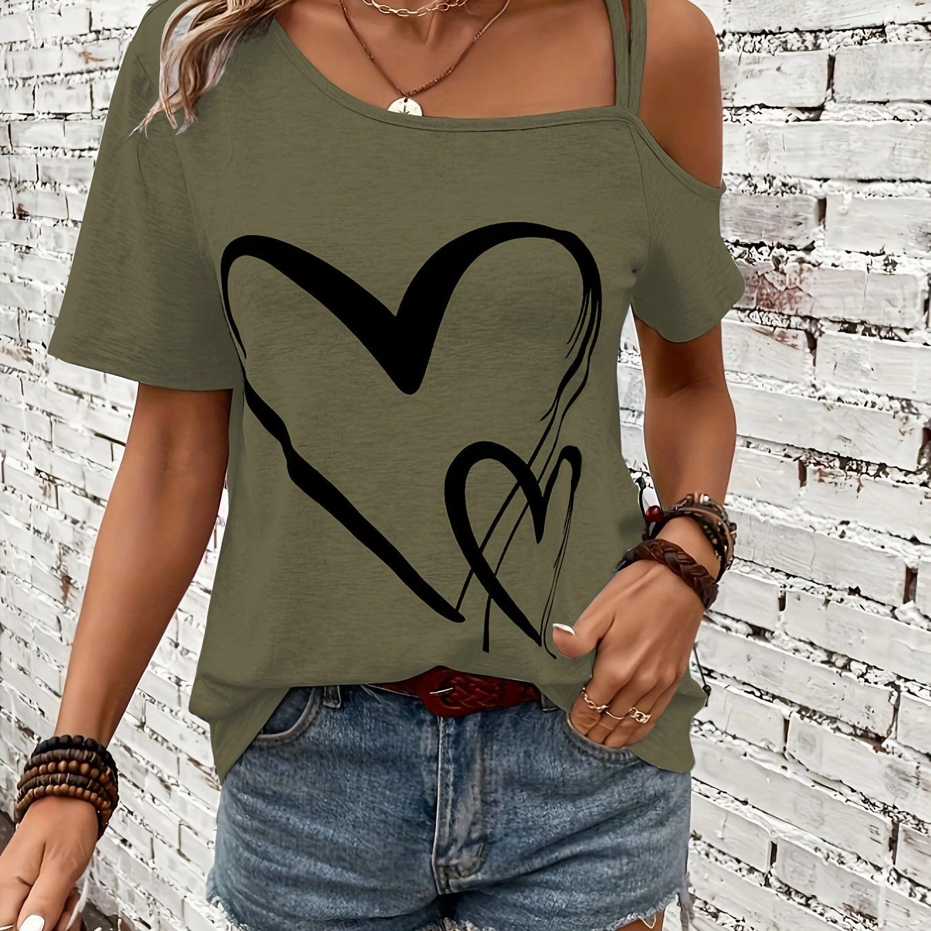 Women's Heart Print One Shoulder T-Shirt - Chic Spring Top