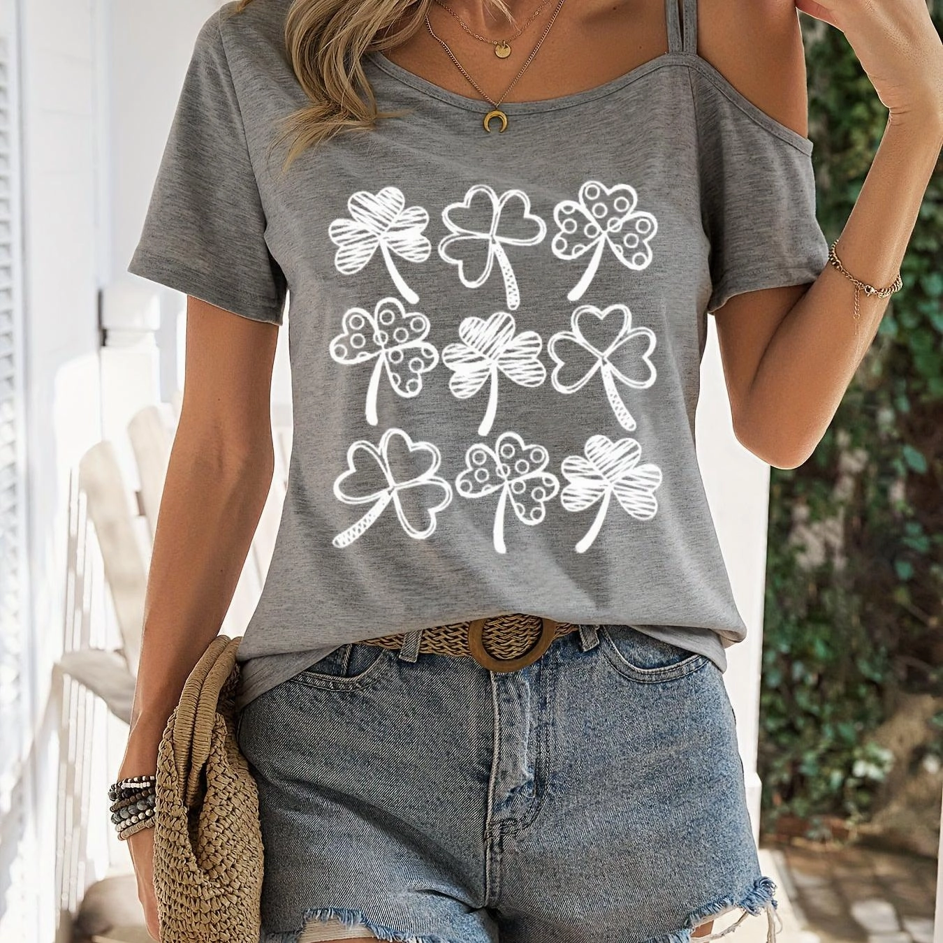 Women's Heart Print One Shoulder T-Shirt - Chic Spring Top