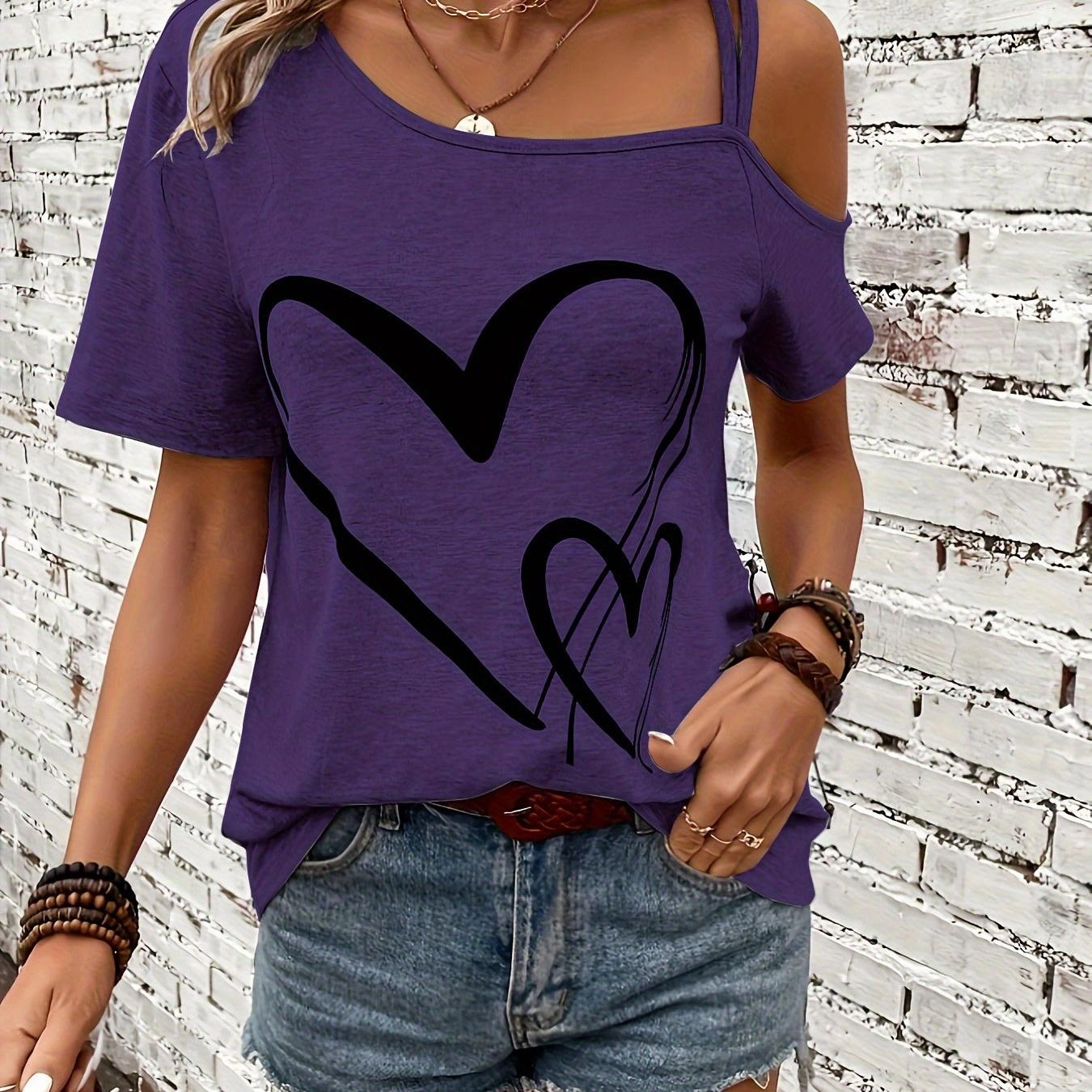 Women's Heart Print One Shoulder T-Shirt - Chic Spring Top