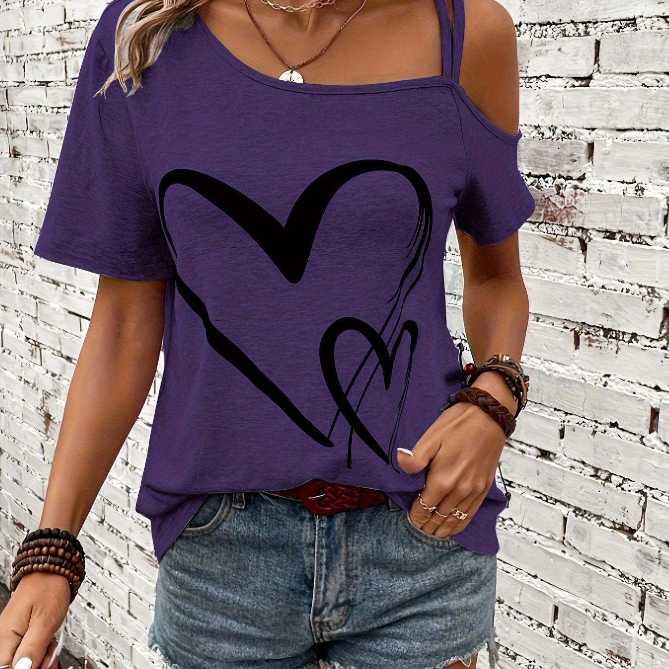 Women's Heart Print One Shoulder T-Shirt - Chic Spring Top