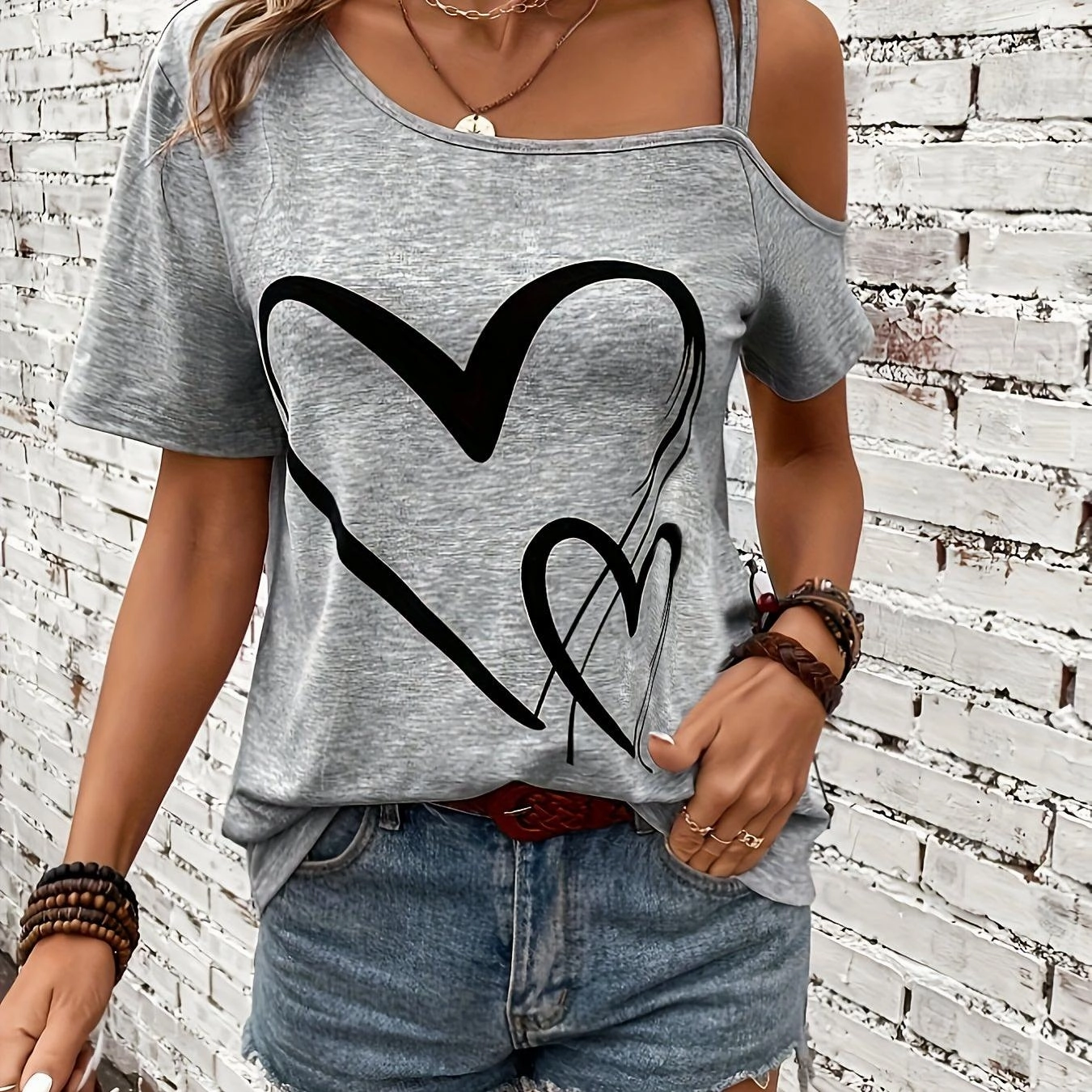 Women's Heart Print One Shoulder T-Shirt - Chic Spring Top