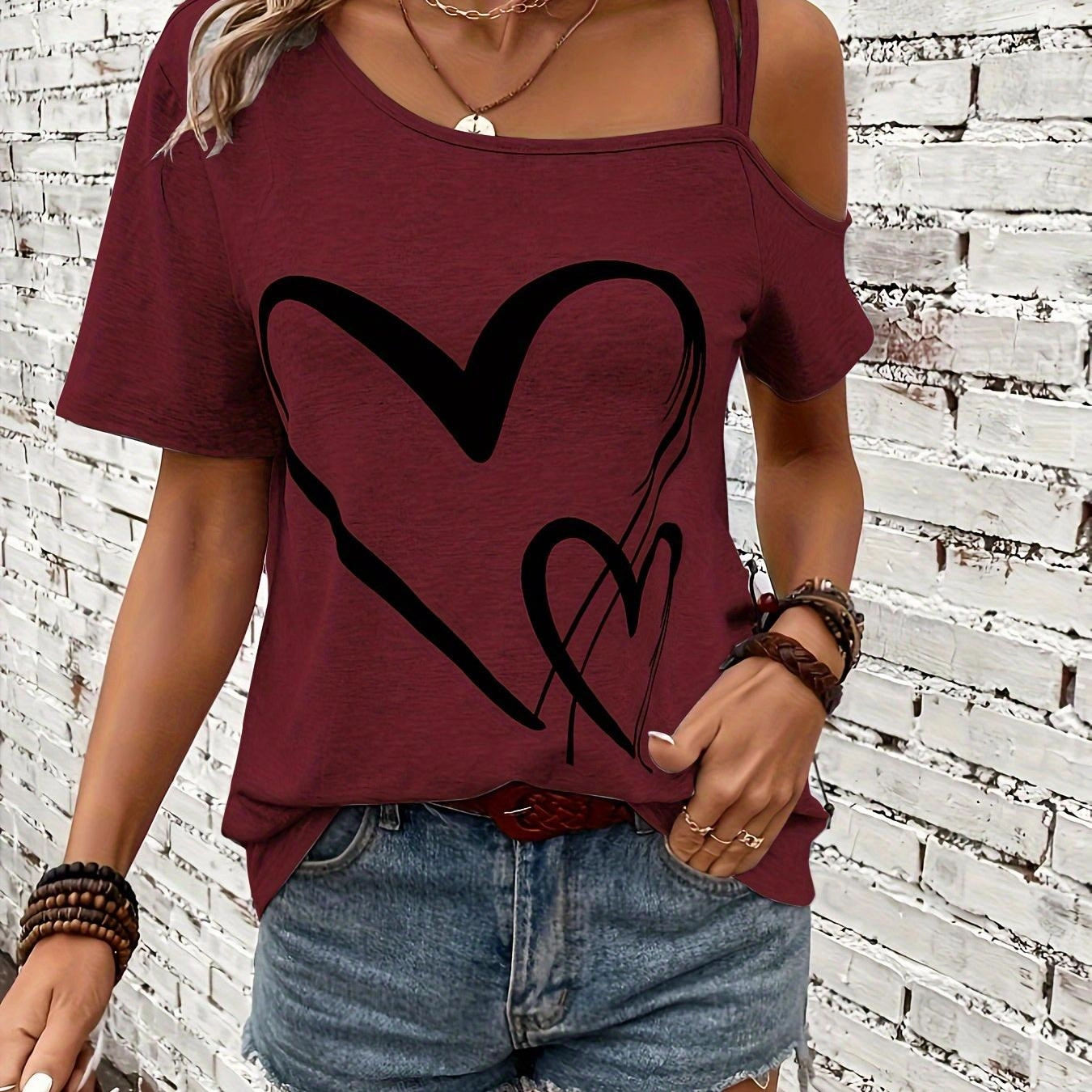 Women's Heart Print One Shoulder T-Shirt - Chic Spring Top