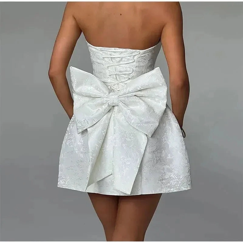 Women's Jacquard Dress Elegant Temperament Mini Skirt Pleated Skirt Tie Up Bow Slim Fit Clothing Sexy Party