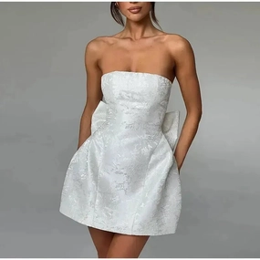 Women's Jacquard Dress Elegant Temperament Mini Skirt Pleated Skirt Tie Up Bow Slim Fit Clothing Sexy Party