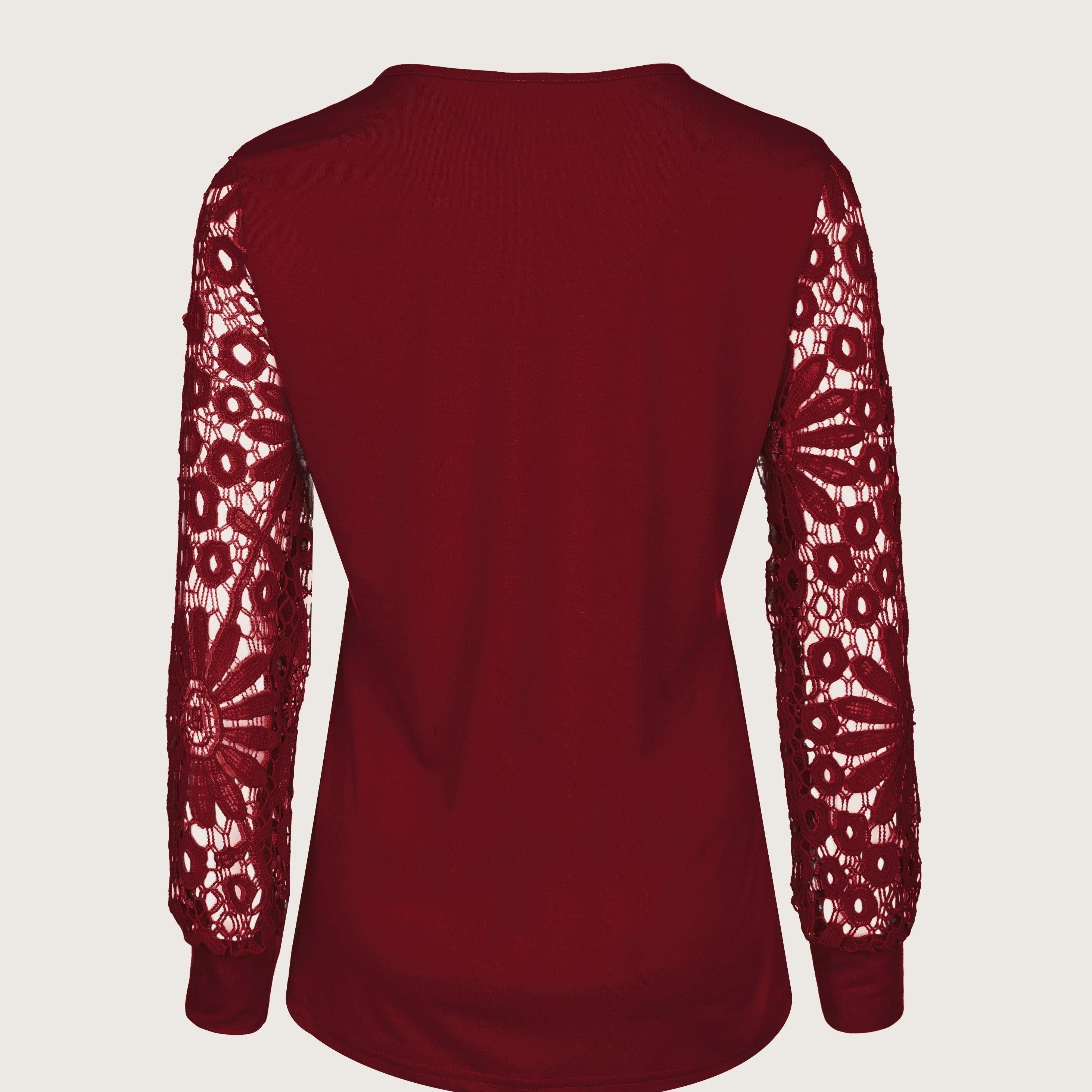 Women's Lace Contrast Pleated Front Long Sleeve T-Shirt with Button V Neck - Elegant Casual Top for Every Occasion