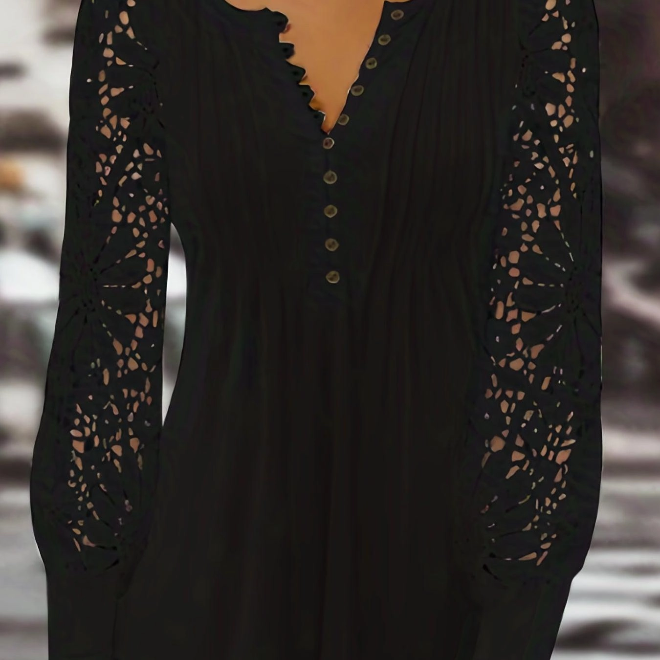 Women's Lace Contrast Pleated Front Long Sleeve T-Shirt with Button V Neck - Elegant Casual Top for Every Occasion
