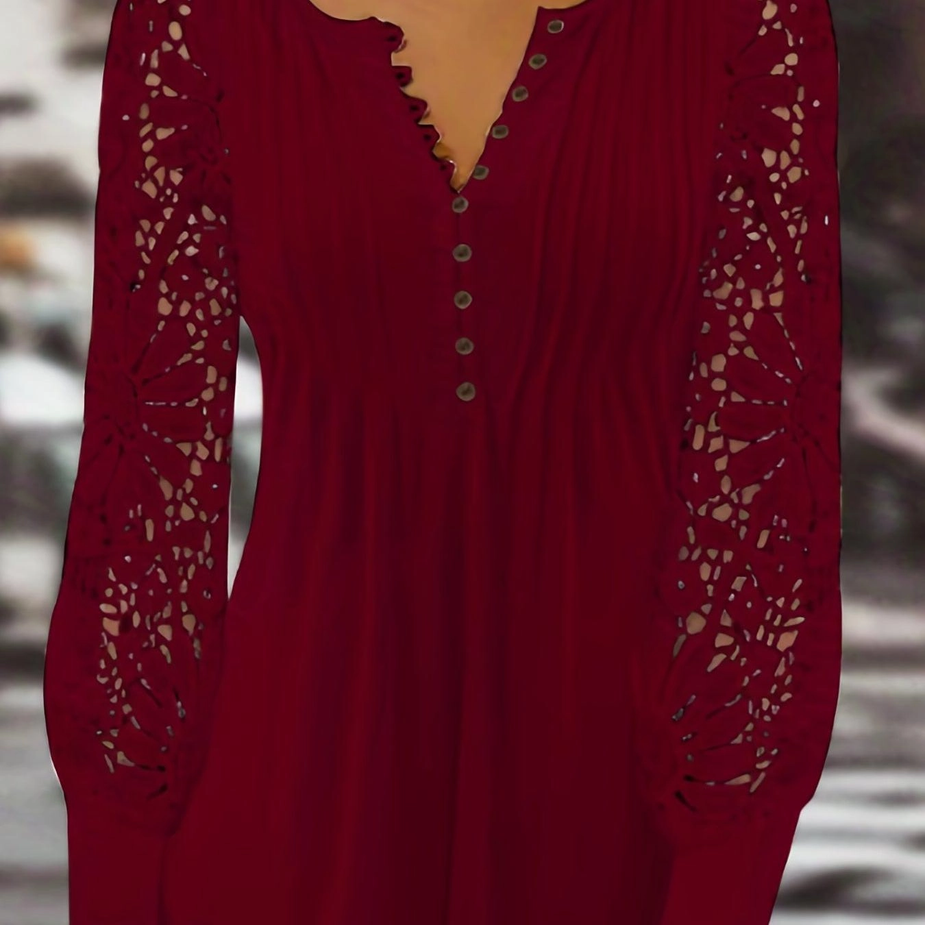 Women's Lace Contrast Pleated Front Long Sleeve T-Shirt with Button V Neck - Elegant Casual Top for Every Occasion