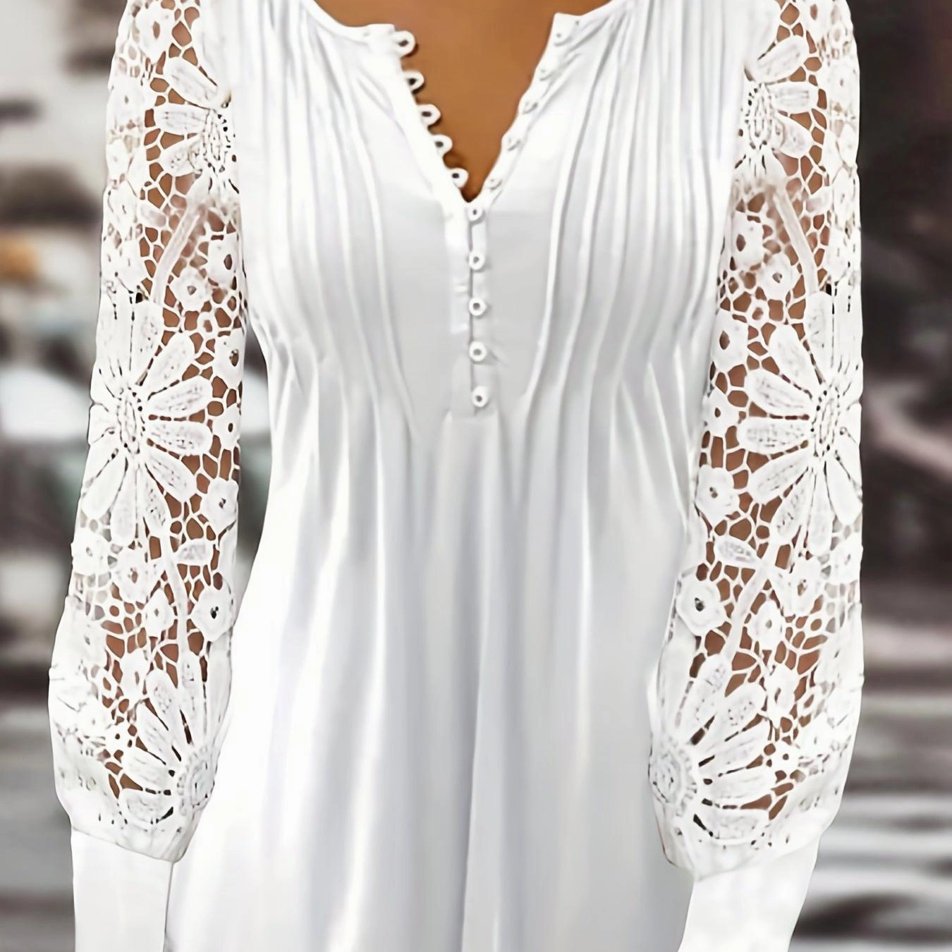 Women's Lace Contrast Pleated Front Long Sleeve T-Shirt with Button V Neck - Elegant Casual Top for Every Occasion