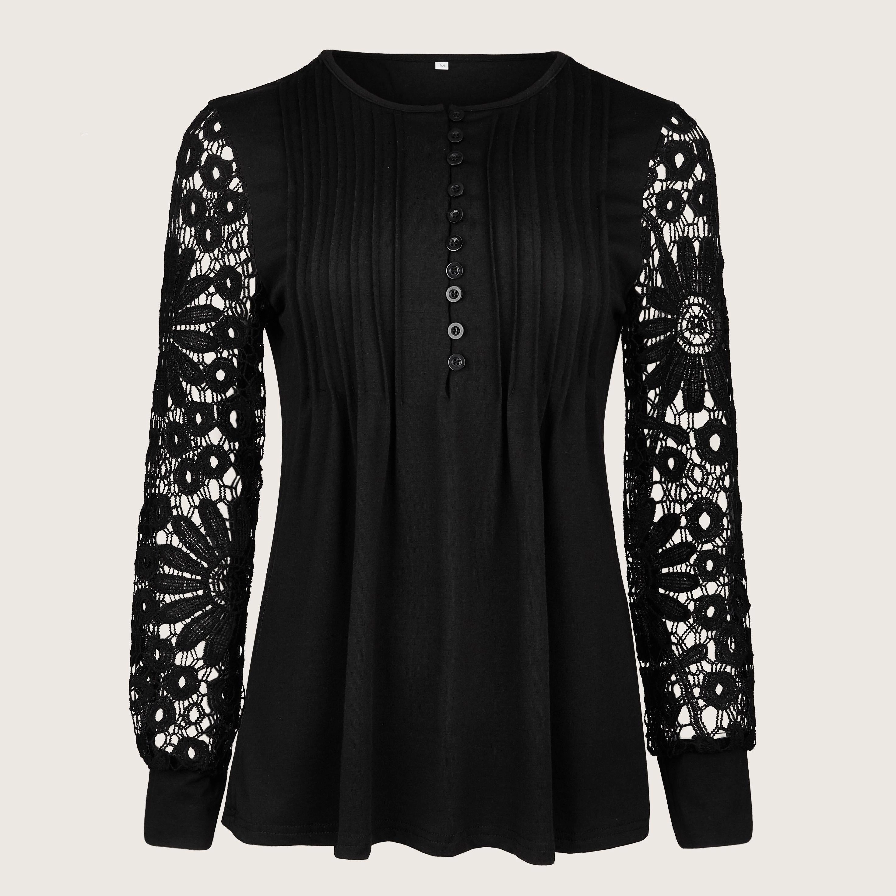 Women's Lace Contrast Pleated Front Long Sleeve T-Shirt with Button V Neck - Elegant Casual Top for Every Occasion