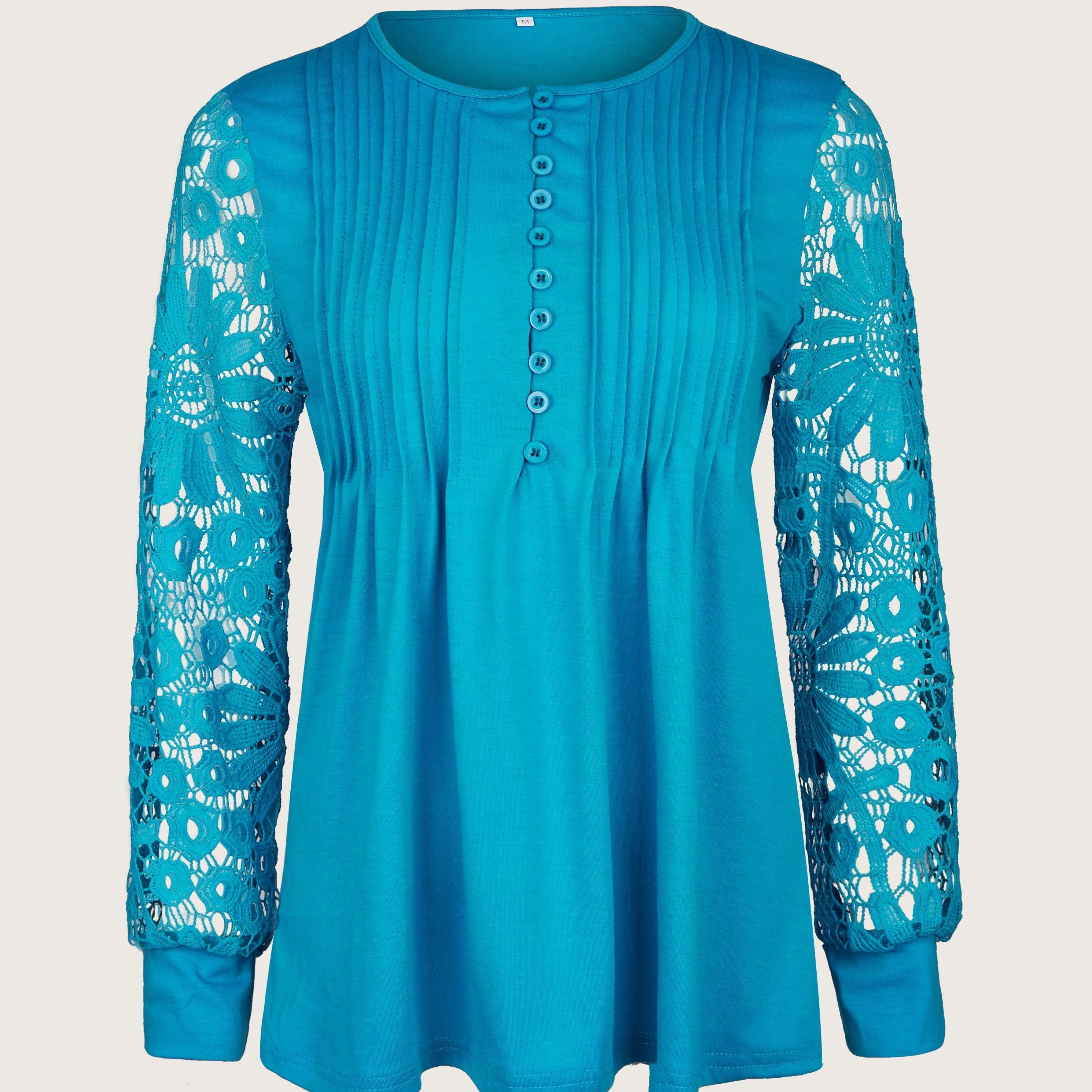 Women's Lace Contrast Pleated Front Long Sleeve T-Shirt with Button V Neck - Elegant Casual Top for Every Occasion