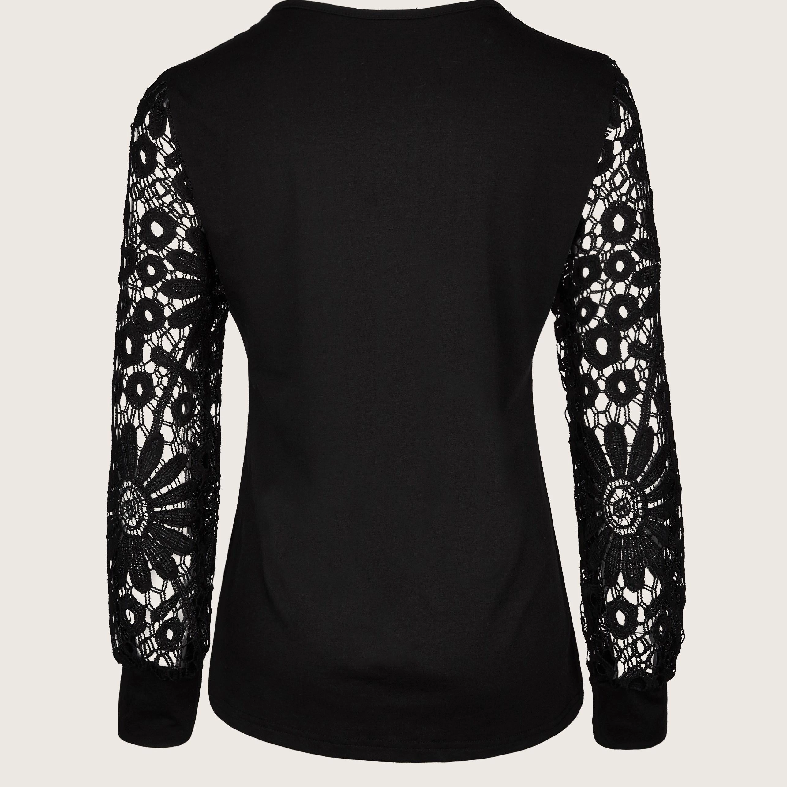 Women's Lace Contrast Pleated Front Long Sleeve T-Shirt with Button V Neck - Elegant Casual Top for Every Occasion